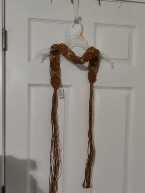 Brown Macramé Tassel Belt with Yellow Bead Accents – New With Tags